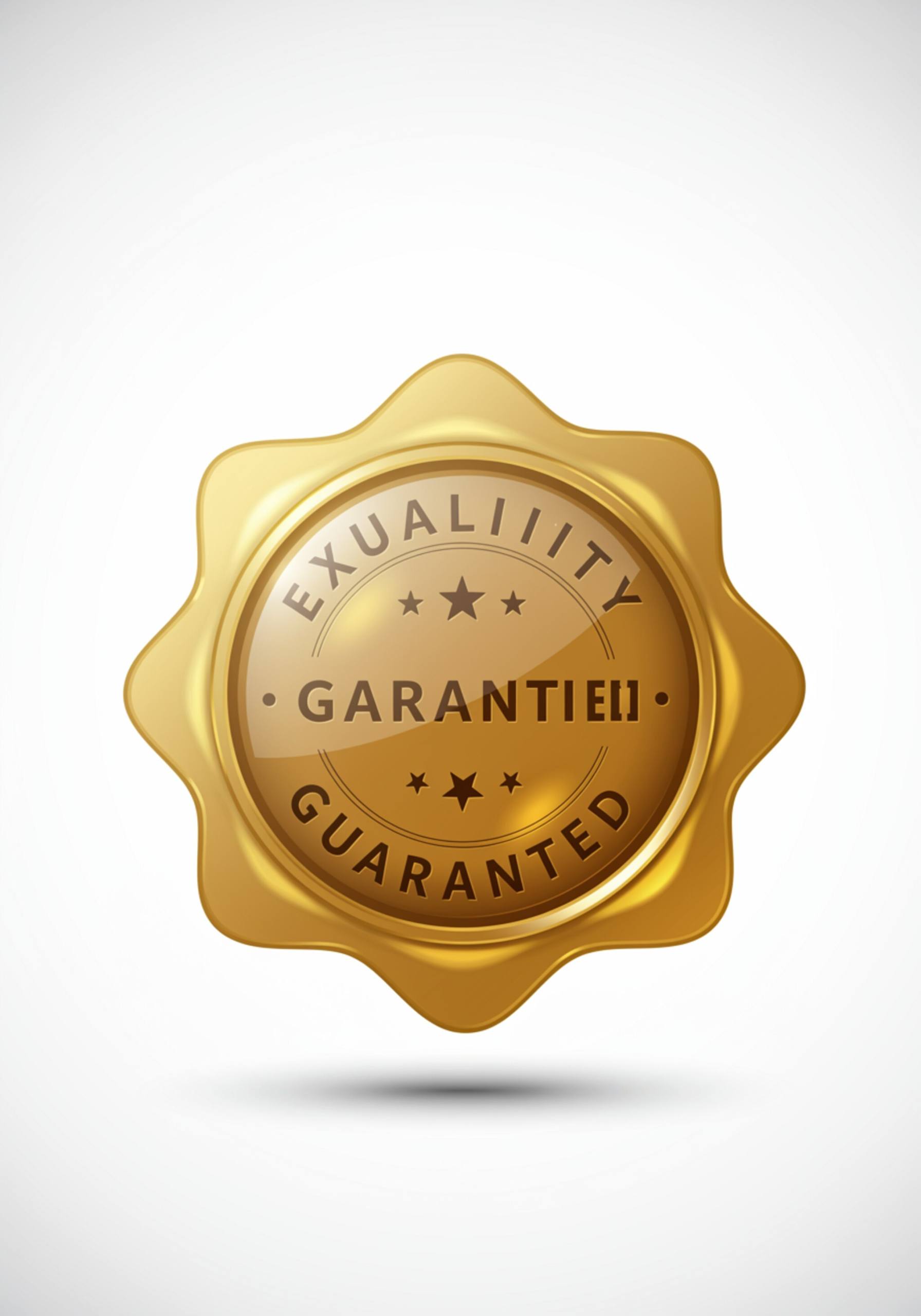 "Ícono vectorial de alta calidad: sello dorado brillante con 'Calidad Garantizada' en relieve sobre fondo blanco."