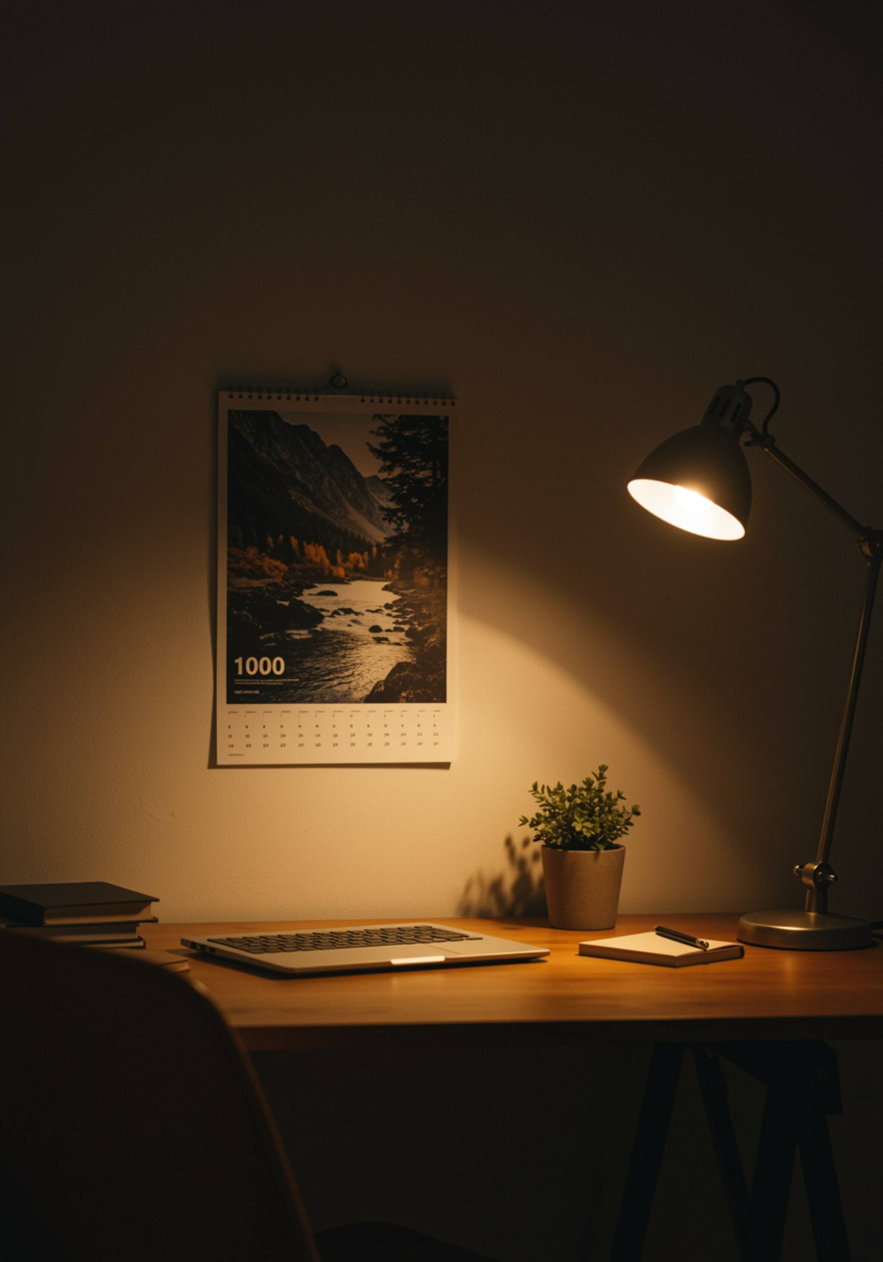 "Oficina acogedora con calendario impreso, laptop y planta en un ambiente iluminado, ideal para un entorno de trabajo organizado."