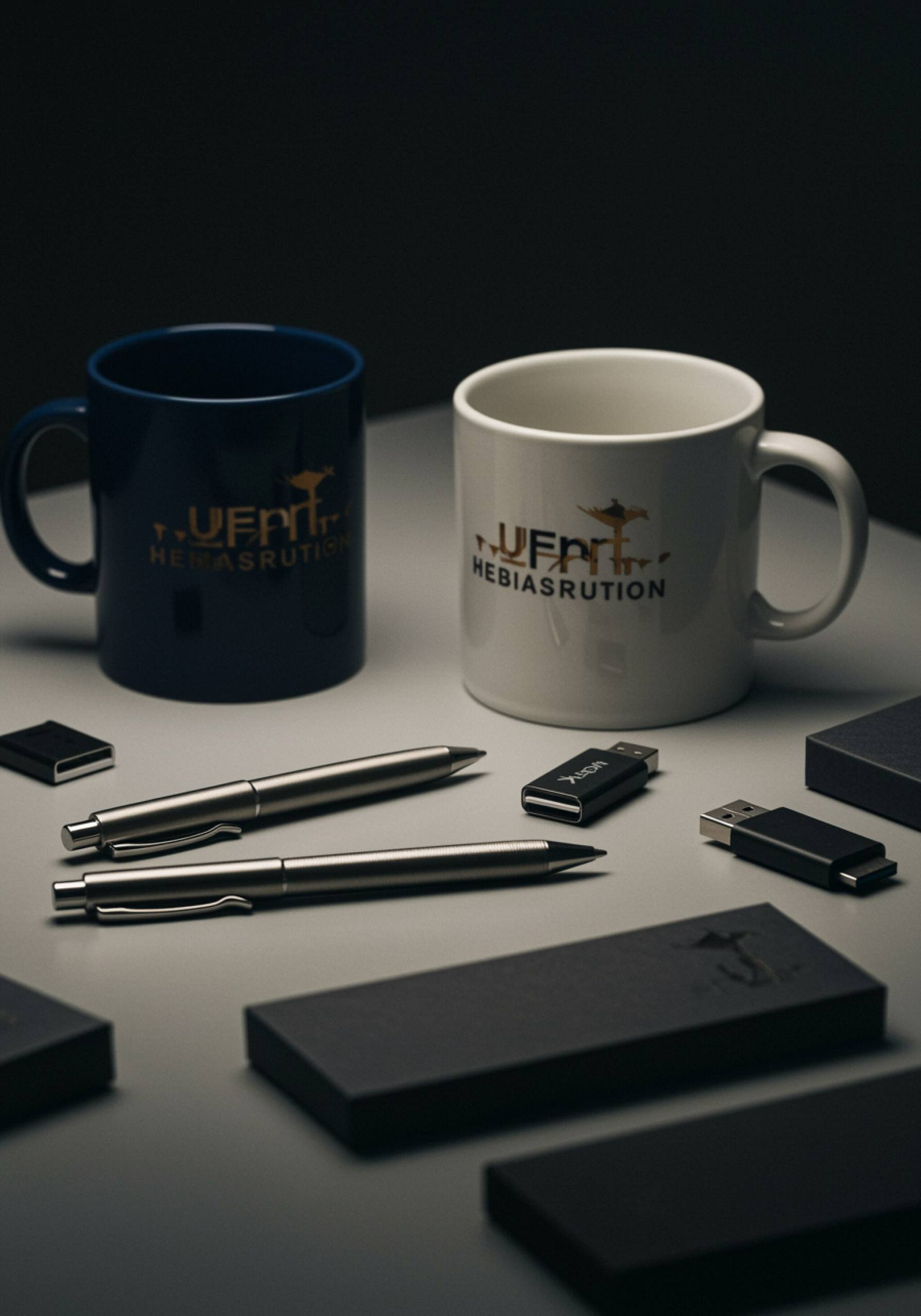 "Foto en alta definición de regalos promocionales en un escritorio elegante: bolígrafos metálicos grabados, tazas de cerámica personalizadas y memorias USB, destacando su calidad y detalles bajo luz suave."