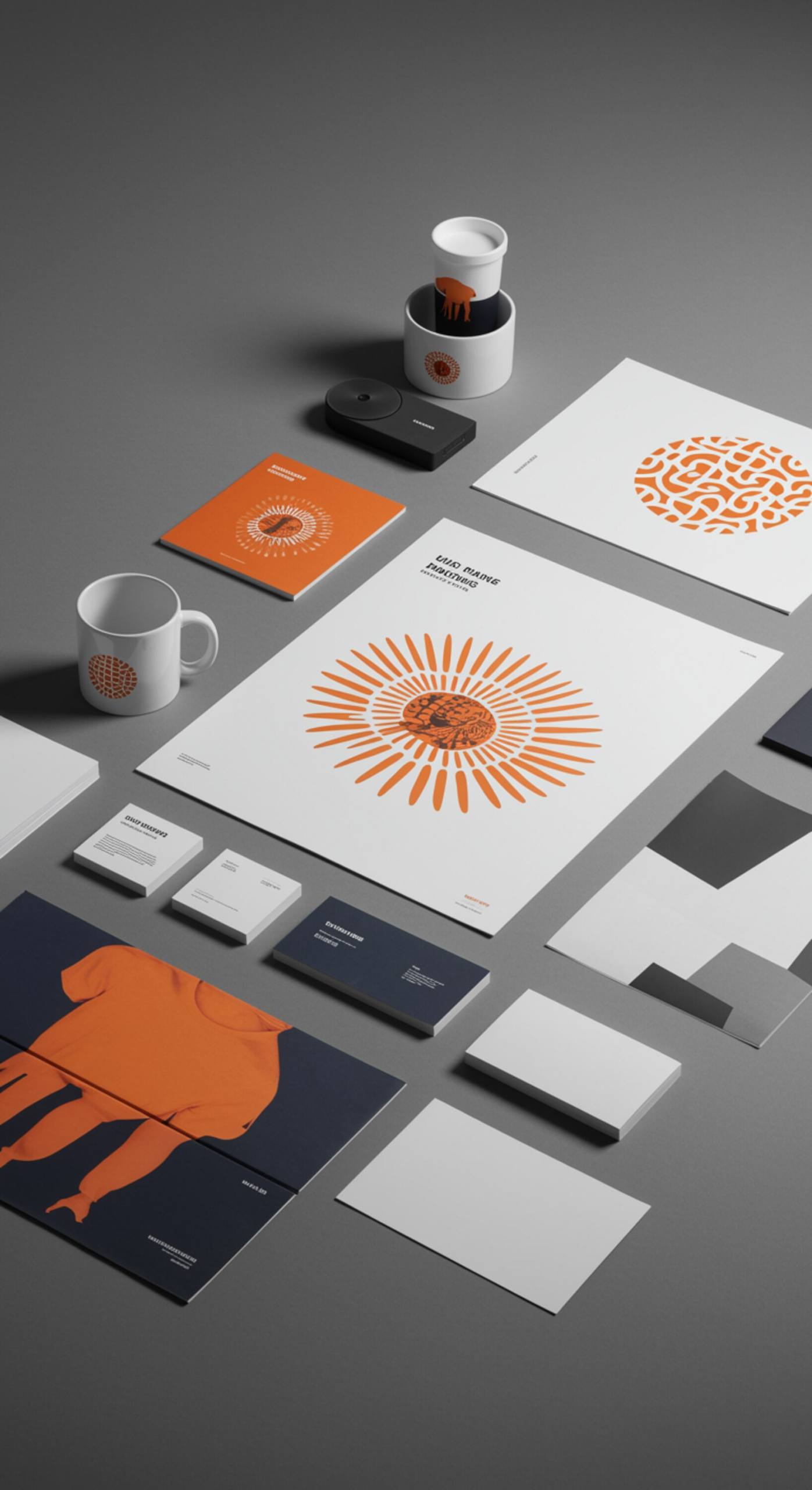 "Collage artístico de soluciones de impresión personalizadas como posters, flyers, tarjetas de visita, tazas y camisetas sobre fondo gris, resaltando texturas y colores."