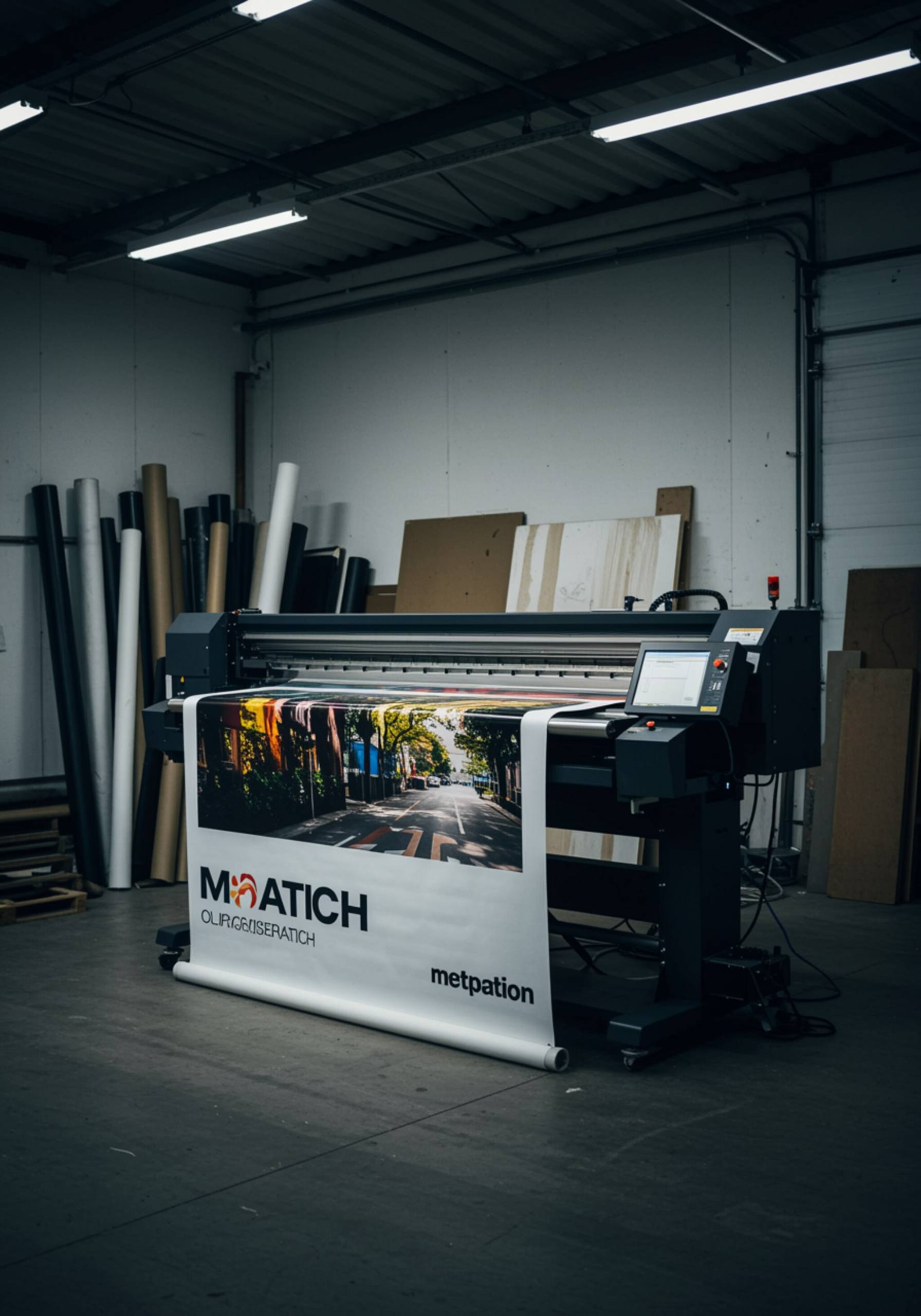 "Impresora de gran formato en acción creando un vibrante banner exterior con gráficos llamativos y rollos de vinilo apilados en un estudio industrial."