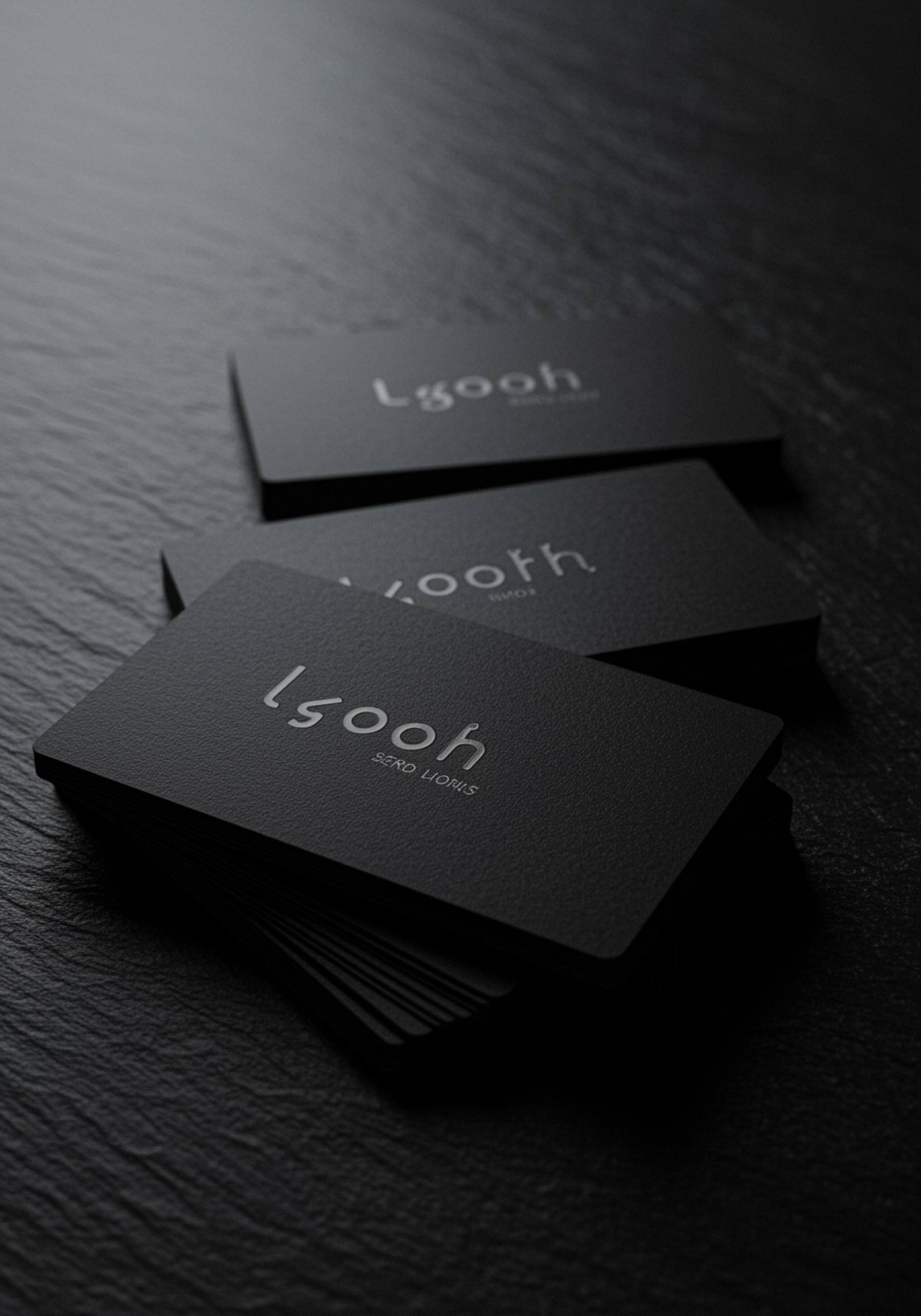 "Foto comercial de tarjetas de visita modernas con tipografía minimalista y logotipos en relieve, dispuestas sobre una superficie oscura, destacando su elegancia y diseño."