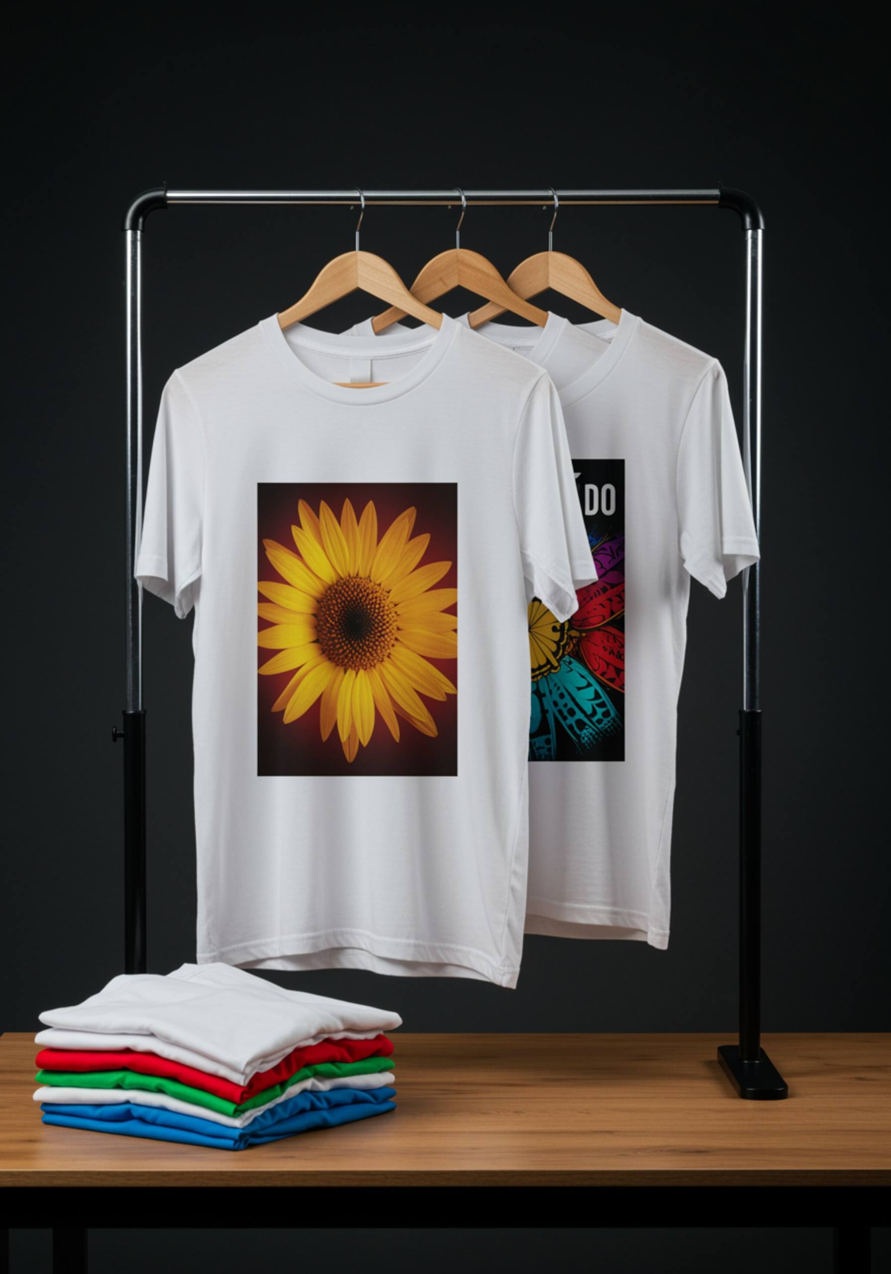 "Camisas blancas personalizadas con estampados a todo color colgadas en un perchero moderno, junto a una pila de camisetas dobladas sobre una mesa de madera, iluminadas con luz brillante para resaltar los colores reales."