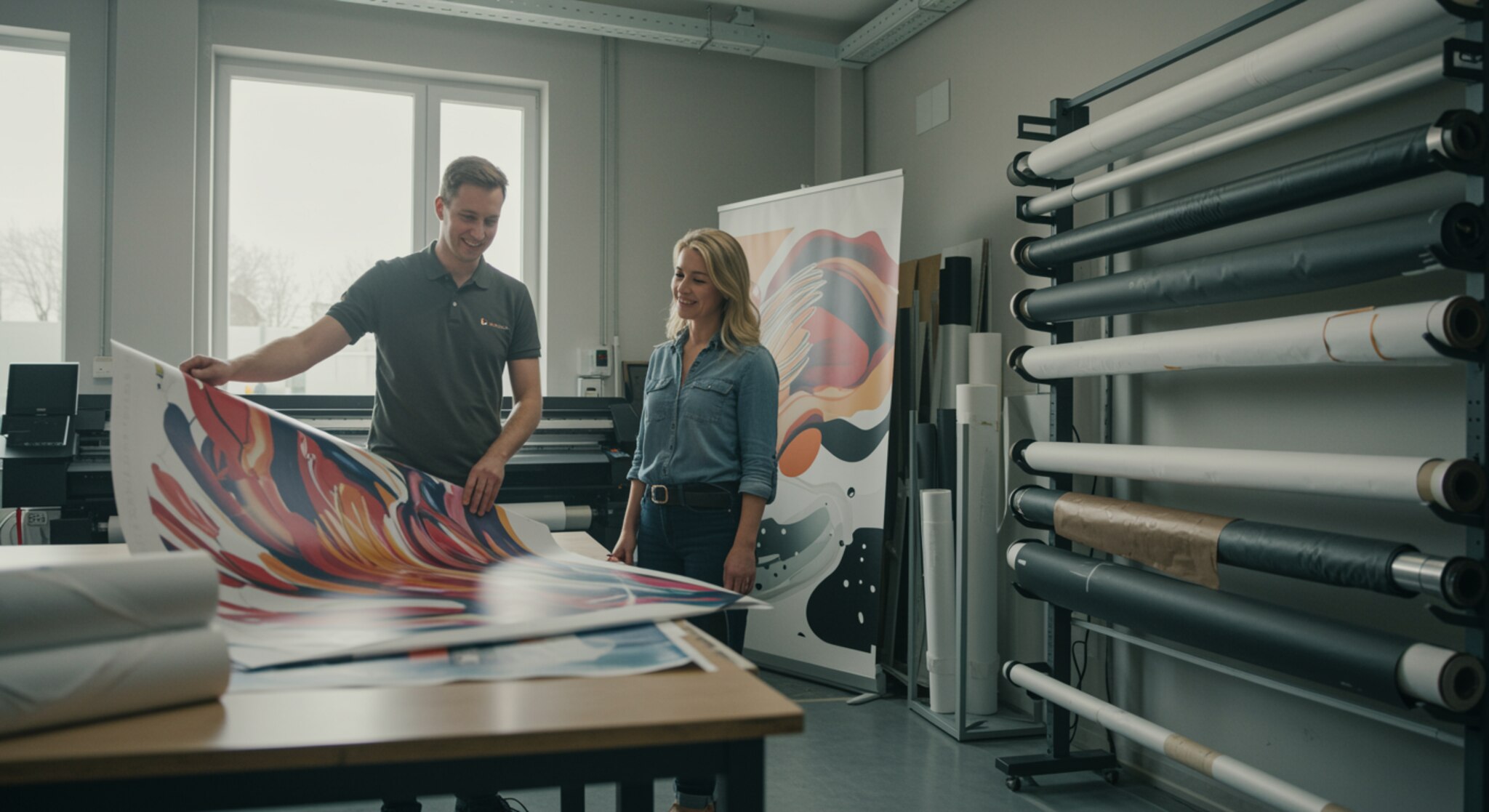 "Estudio de impresión de gran formato moderno, donde un técnico asiste a una clienta mientras examinan un mural de vinilo vibrante, destacando la calidad y precisión en soluciones de decoración y publicidad."