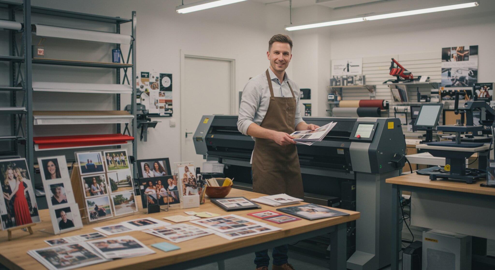 Texto alternativo: "Técnico de impresión en una moderna tienda de copias, operando un plotter de gran formato mientras entrega coloridos volantes y tarjetas de visita, con muestras de invitaciones y productos personalizados en un entorno luminoso y profesional."