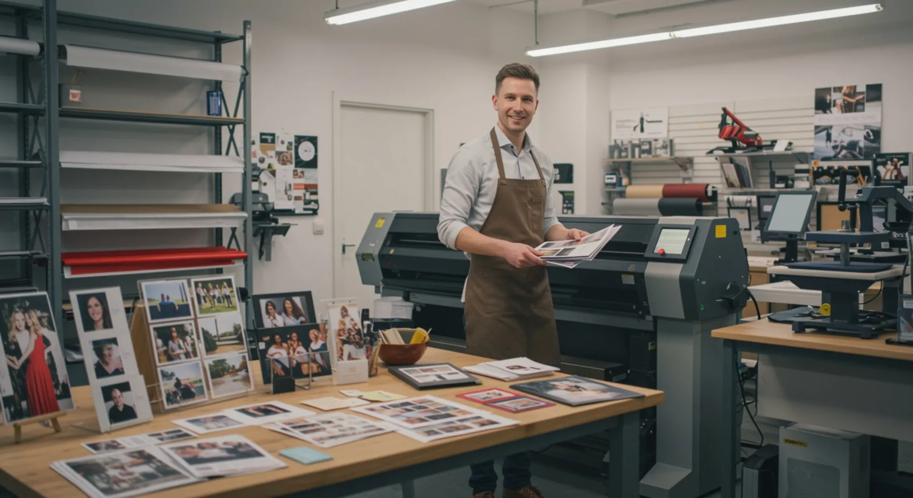 imagen26 3 Texto alternativo: "Técnico de impresión en una moderna tienda de copias, operando un plotter de gran formato mientras entrega coloridos volantes y tarjetas de visita, con muestras de invitaciones y productos personalizados en un entorno luminoso y profesional."