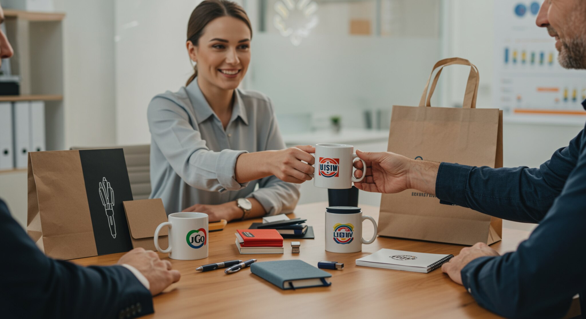 "Ilustración digital de alta resolución que muestra una elegante disposición de productos promocionales personalizados en un moderno escritorio, destacando la entrega de una taza de logo entre profesionales en un ambiente de oficina contemporáneo."